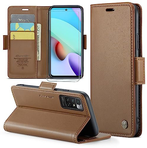 FERLAN Funda para Xiaomi Redmi Note 11 4G/Note 11S + 2 Piezas Cristal Templado,Compatible con Carga inalámbrica, con Bloqueo RFID, Hebilla Magnetica, Ranuras para Tarjetas,Marrón