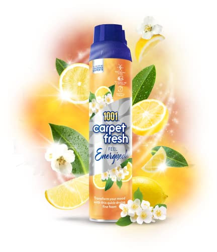 1001 Carpet Fresh Feel Energized 300ml Can - Invigorating Lemon Scent for Long-Lasting Freshness and Stress-Reducing Odor Elimination, Quick Drying, No Need to Hoover