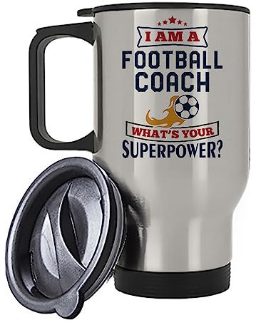 Getagift Football Coach Gift, I Am a Football Coach What's Your Superpower?, Best Coach Gift, Silver, White Insulated 14oz Travel Mug, Tea, Coffee Mug. (Silver)