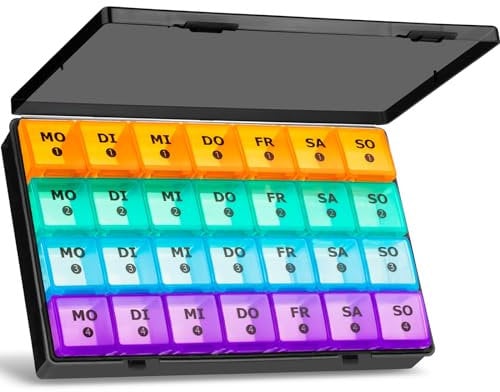 Tablettenbox Monat 28 Tage Pillendose, Medikamentenbox mit 7 Fächer für 4 Wochen für Wöchentlicher Vitamin-Organizer, Nahrungsergänzungsmittel, Fischöl (Farbenfroh)