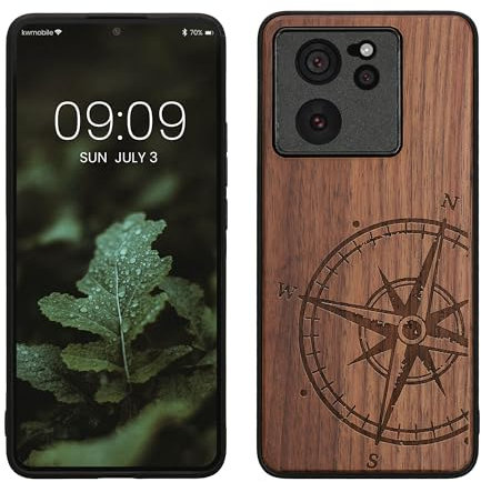 kwmobile Hülle kompatibel mit Xiaomi 13T / 13T Pro Hülle - Holz Case - Handy Cover - TPU Handyhülle in Dunkelbraun Kompass Vintage