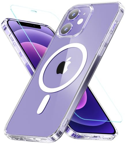 OWKEY Compatible with iPhone 12 Case, iPhone 12 Pro Case for Magsafe with Tempered Glass,[Shockproof Military-Grade] Transparent Back Magnetic Slim Bumper Cover Phone Case for iPhone 12 (Pro), Clear