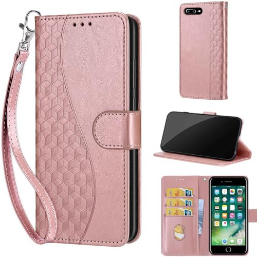 for iPhone 7 Plus / 8 Plus Case, Embossed Premium PU Leather Folio Flip Notebook Wallet Cover Compatible with iPhone 7 Plus / 8 Plus Phone Case [Kickstand][Card Slots], Rose Gold