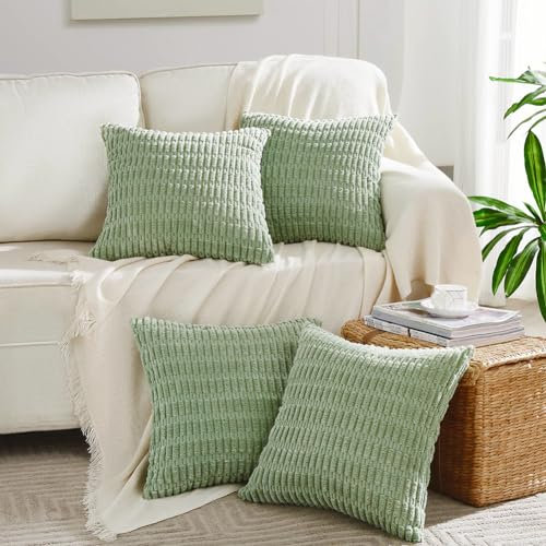 FDTERN 4er Set Boho Kissenbezug 30x30 cm Bohnengrün Einfarbig Flauschig Kissenbezüge Kordsamt Kissenhülle Dekokissenbezug Sofakissen Dekokissen Deko für Sofa Schlafzimmer Wohnzimmer Balkon