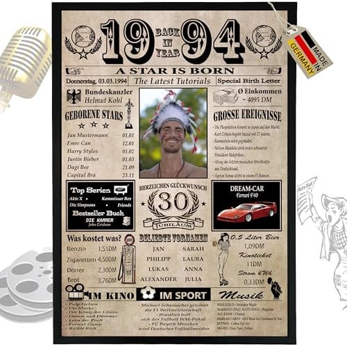 1995-6 Felder PERSONALISIERBAR! 30 Geburtstag Frauen & 30 Geburtstag Männer - Ausdruck auf 400g/m² Premium Papier - Geburtstagskarte 30 Frau & Deko 30 Mann - Back in Jahreschronik by