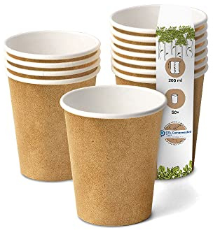 GREENBOX 50 Stück Karton Einwand Kaffee Trinkbecher Einweg Bio I To Go Pappbecher innen weiß, Außenwand braun 200 ml / 8 oz I 100% biologisch abbaubar, zertifiziert kompostierbar