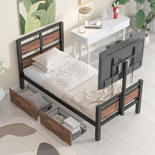 Rhomtree Twin Size Metal& Wood Platform Bed with Two Storage Drawers and Rotatable TV Stand, Wood Platform Bed Frame Mattress Foundation Sleigh Bed with Metal Slat Support(Black, Twin)