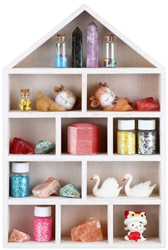 Threehoney House Shaped Wooden Shadow Cubby Box 10 W x 2 1/4 D x 15 H Hanging Display Shelf Organizer Wall Mounted Curio Cabinet Wooden Display Case Miniature Shelf for Figures(Wood Color)