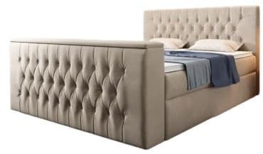 Boxspringbett Velano 200x200 Doppelbett Polsterbett Bett mit TV Lift und Stauraum | Bezug: Samt | Farbe: Beige | Härtegrad: H4 (100kg+)