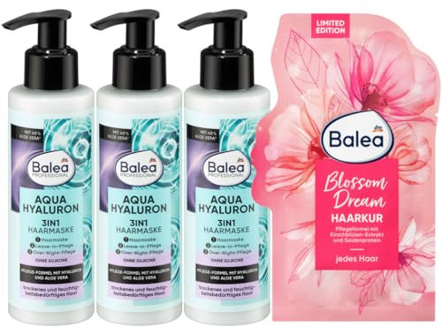 Balea 4er-Set Haarpflege: Professional 3in1 Haarmaske AQUA HYALURON mit Aloe Vera für bessere Kämmbarkeit, Geschmeidigkeit, Glanz bei trockenem Haar (3 x 150 ml) + Haarkur BLOSSOM DREAM (20 ml), 470ml