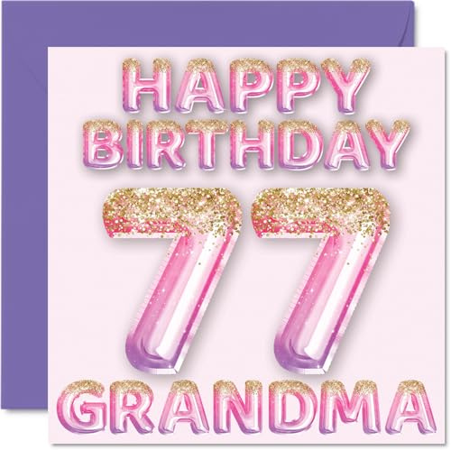77th Birthday Card for Grandma, Pink & Purple Glitter Balloons | Happy Birthday Cards for 77 Year Old Grandma from Grandson Granddaughter, 145mm Bday Greeting Cards Gift