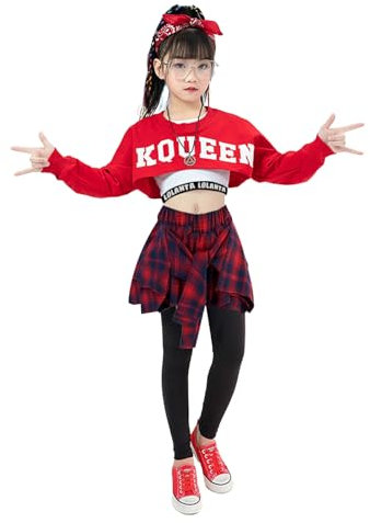LOLANTA Mädchen Hip Hop Tanzkostüme 3-teiliges Outfit Buchstabendruck Langarm Crop Top + Plaid Rock Hose + Weste (Rot, 5-6)