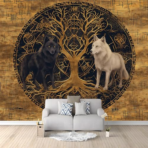 Fototapete Baum des Lebens, schwarzer und weißer Wolf Wandtapete für Schlafzimmer und Wohnzimmer - Vlies Tapeten mit UV-Beständigkeit und Geruchsfreiheit-Weltenbaum Wandbild mit für Teenager Jungen