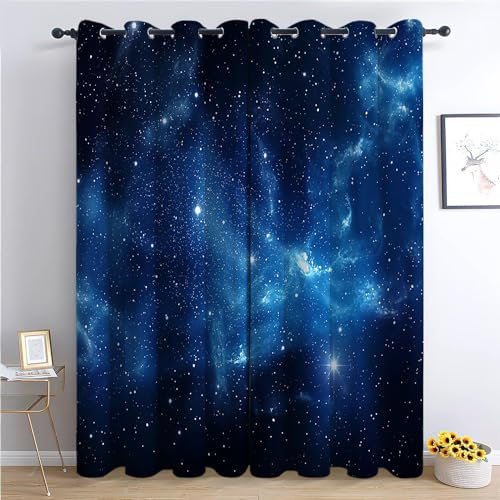 CozyRest Blickdichte Vorhänge, Blauer Sternenhimmel Universum Weltraum Verdunkelungsvorhang - 214 x 91.5 cm - Vorhänge Mit Ösen, Polyester für Schlafzimmer Wohnzimmer, Geräuschreduzierung 2 St