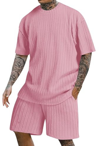 shownicer Homme Ensemble de Survêtement Manches Courtes T-Shirt et Shorts Sportswear 2 Pièce Sets De Sport Été Ensemble De Jogging pour Homme A Rose XS