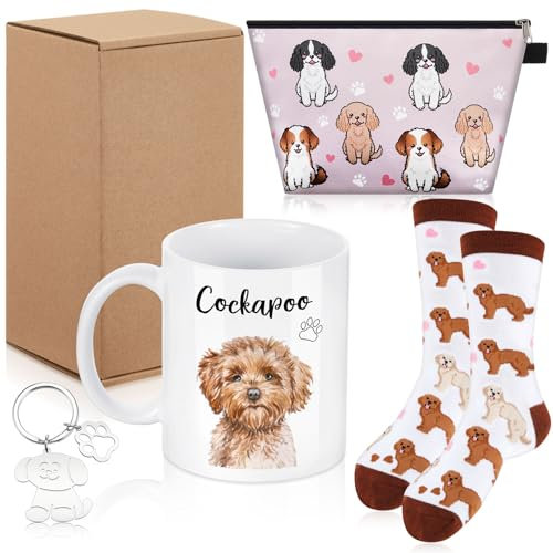 Nuenen 5 Pieces Cockapoo Dog Gifts Set Includes Ceramic Funny Coffee Mug Socks Keyring Makeup Bag Greeting Card with Box Gift for Cockapoo Dog Lover Mother Women Birthday Xmas Party