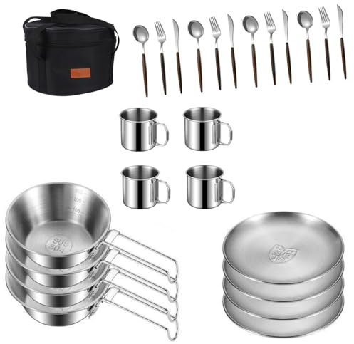 Camping Küche Geschirr Mess Kit, Schüsseln&Geschirr Set für 4 Person-31pcs Geschirr Set mit Tellerlöffel Gabel gezacktes Messer, 304 Edelstahl Schüssel&Cup&Dish, Aufbewahrungstasche, Rucksack, Wandern