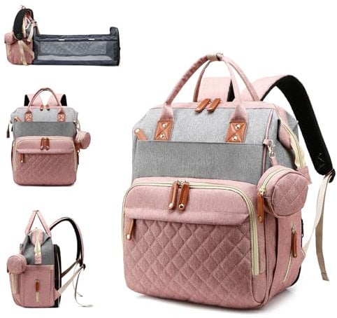 Lamroro Sac à langer 3 en 1 avec station à langer, Rose/gris, 13L x 8W x 16.5H, Sac à dos à langer
