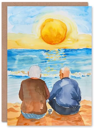 Artery8 Elderly Couple Watching Sunset Beach Watercolour Blank For Him Or Her Art Anniversary Card