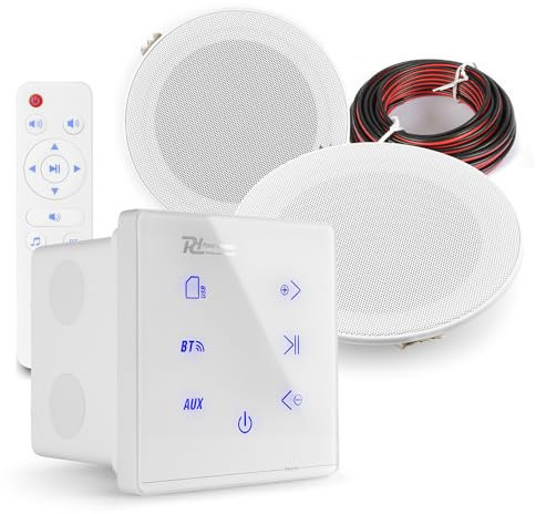 Power Dynamics Marine Ceiling Speakers Kit with A50W White Wall Amplifier, Bluetooth Weatherproof Outdoor Bathroom Speaker System, 5-Inch IPX5, USB/MP3 Audio for Boat, Home or Patio Use