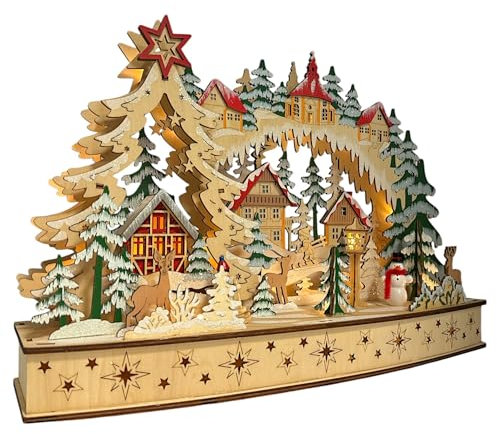 Wichtelstube-Kollektion XL LED Schwibbogen Weihnachtsdorf Lichterbogen Weihnachten Echtholz Schwippbogen mit Podest, Trafo und Batteriebetrieb möglich, inkl. Timer 45cm