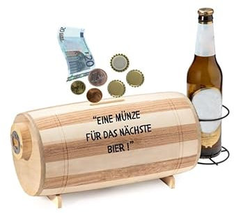 Holz-Spardose Bierfass mit Flaschenöffner & Flaschenhalter – Gravur „Eine Münze für das nächste Bier“ – Männergeschenk, Kronkorkensammler, Deko