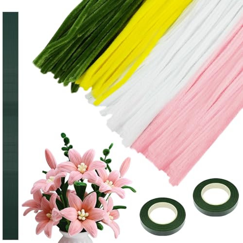 Pfeifenreiniger Blumen Set, Lilien Blumenstrauß, 330 Stück Pfeifenputzer zum Basteln 4 Farben Pipe Cleaner mit 15 Stück Grünem Bastelfaden, 2 Rollen Klebeband (Rosa, Weiß, Hellgelb, Grün)