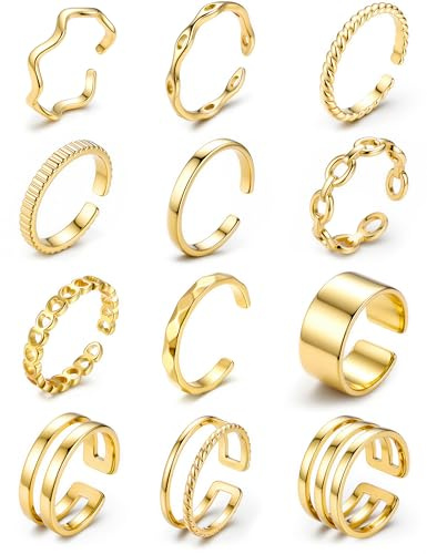JeweBella 12 Stück Ringe Gold Silber Wasserfest Ring Damen Edelstahl | Verstellbar,18K Vergoldete Trendy Stapelbare Offene Ringe Set Frauen,Daumenring,Fingerring,Stapelringe Damen Schmuck