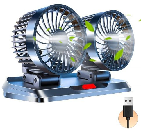 CLIUNT Ventilatore Auto, 360° Ruotabile Doppia Testa Ventilatore, 3V Ventilatori USB a Doppia Testa, Potente 3 Velocità USB Portatile Ventilatore da per Auto, Camper, Casa, Ufficio, Campeggio