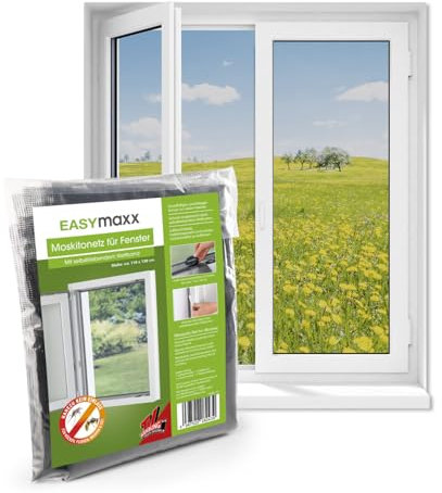 EASYmaxx Fliegengitter Fenster | Moskitonetz, Montage ohne Bohren | zuschneidbarer Insektenschutz Fenster bis 110 x 130 cm | Mückenschutz | Fliegennetz Klettband selbstklebend [Schwarz]
