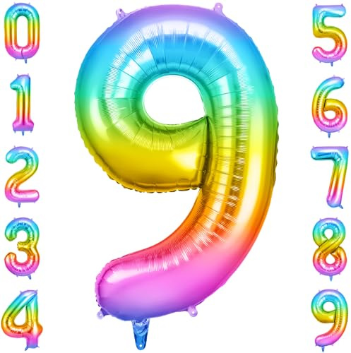 OFFCUP Geburtstag Zahlen Luftballon Mehrfarbig, Geburtstagsdeko Ballons 9 | Riesige Folienballon in 40 Helium Ballons für Männer Frauen Geburtstagsparty Deko, Jubiläum 9 Jahre Deko
