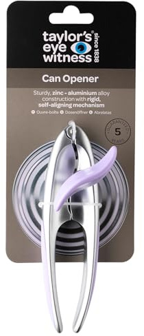 Premium 2-in-1 Manual Can Opener - Taylors Eye Witness, Easy to Use Tin Opener, Kitchen Gadget Made with Built-in Bottle Opener, Sturdy Zinc Aluminum Construction with Silver & Lavender Colouring