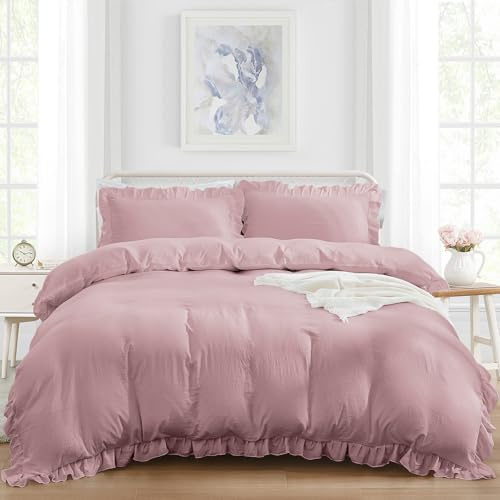 Bettwäsche-Set für Doppelbett, rosa Rüschen, Bettbezug mit 2 Kissenbezügen, weiche Mikrofaser, Bettwäsche-Set für alle Jahreszeiten, 200 x 200 cm
