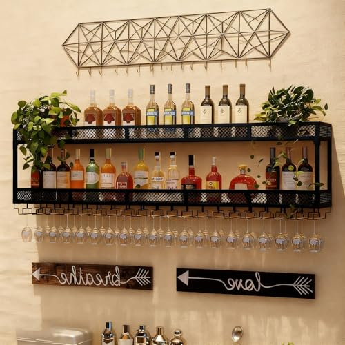 SOFACHEN Weinregal Wand mit LED Licht, Modernes Weinlagerregal zur Wandmontage, Präsentationsregal aus Eisen Hängende Weingläser, Barregale für Zuhause, Bar, Restaurant(Black,80 * 25 * 54cm)