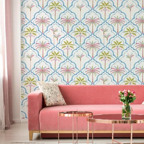 ESSMOKO Wallpaper Tropical Palm Tree Pattern Pink Green PVC Self Adhesive Wallpaper Shop Bedroom Living Room Background Wall Decorative Sticker Pink Blue 45 * 600cm