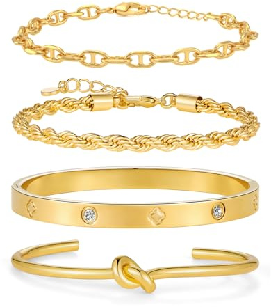 LILIE&WHITE Gold Bracelet Set for Women Stackable Cuban Link Rope Chain and Knot Bangle Layered Wrist Jewellery Fashion Gifts for Her