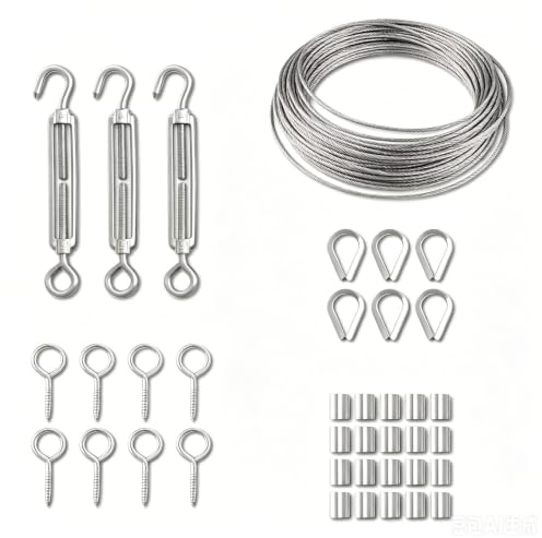 38 StüCk Drahtseil Edelstahl Set,15M Stahlseil,M5 Seilspanner,Schraubhaken,Kauschen,PresshüLsen,FüR Gardinenseil, WäScheleinen, Rankhilfe Aus, String Light Suspension, Sonnensegel Befestigung Set.