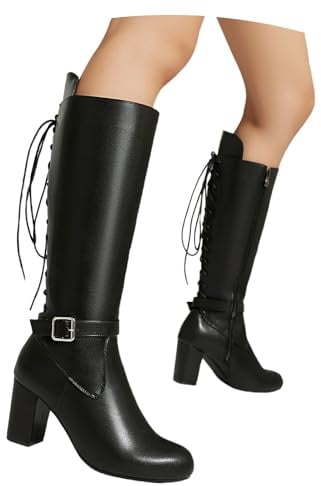 MEECHI Stivali Alti con Lacci E Tacco Largo Boots A Gambale Lungo da Donna in Pelle PU con Fibbia Stivali da Equitazione Autunno-Inverno con Cerniera Laterale Tacchi Alti Taglie Forti(Black,40 EU)