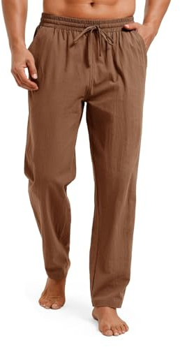 Runcati Herren Leinenhose Lang Leichte Sommerhose Freizeithose Strandhose Einfarbig mit Taschen Kaffee M