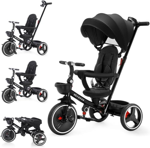 6 in 1 Baby Dreirad, lernendes Kleinkind-Fahrrad/Abnehmbare Leitplanke, Verstellbares Verdeck, Sicherheitsgurt, Stoßdämpfungsdesign, Getränkehalter und Korb