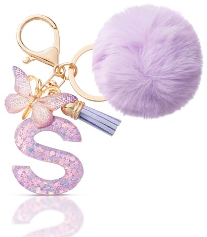 CHUQING Schlüsselanhänger Buchstabe Geschenke Mädchen mit Pompon | Schlüsselanhänger mit Buchstabe und Pompon, süßer Schmetterling Keychain als Geschenk für Mädchen und Damen
