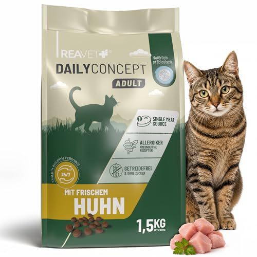REAVET DAILYCONCEPT Trockenfutter für Sensible Katzen Adult Huhn 1,5kg – Getreidefrei mit viel Fleisch, Omega-3 Komplex für Haut & Fell, Katzenfutter trocken ohne Zucker