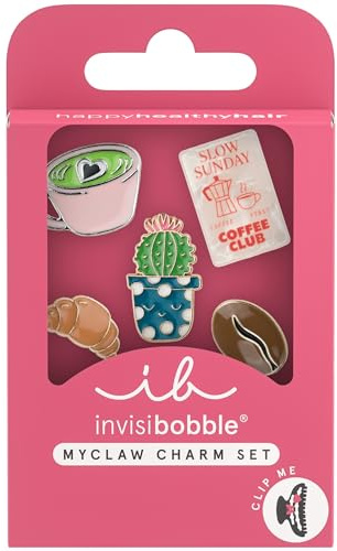 Charms zum Wechseln Coffeeshop Aesthetic - Invisibobble MyClaw SET Morning Nostalgia - Damen Haarschmuck Anhänger Set für Haarklammer (Croissant, Kaffeebohne, Matcha Mug, Kaktus, Poster) - 5er