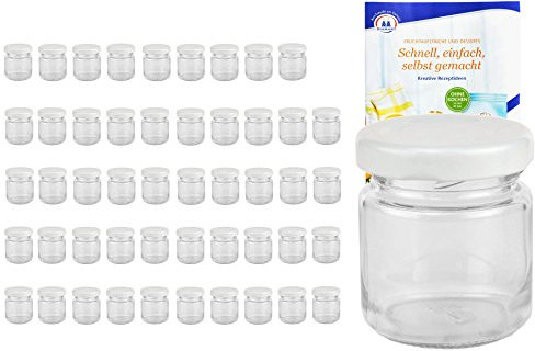 MamboCat 50er Set Rundgläser 53 ml Deckelfarbe weiß to 43 inkl. Diamant Gelierzauber Rezeptheft, Einmachgläser, Einkochgläser, Vorratsgläser, Mini Sturzgläser, Obstgläser, Portionsgläser, Gläser