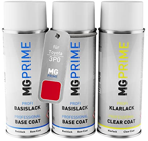 MG PRIME Autolack Sprühdosen Set für Toyota 3P0 Super Red 5 / Vulcanorot Grundlack Basislack Klarlack Spraydose 400ml