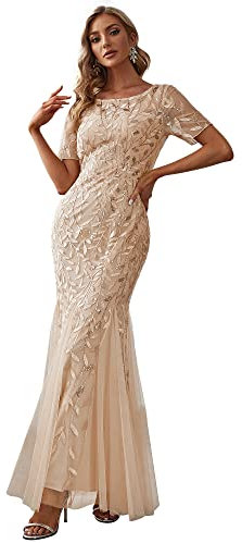 Ever-Pretty Robe de Soirée Sirène Femme Longue Manche Courte Paillettes Tulle Or 44