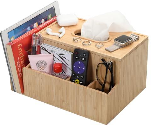 MobileVision Bambus Taschentuchbox Halter & Tablet-Ständer Organizer für Schlafzimmer & Schreibtisch; Fächer für iPad, Handys, Fernbedienungen, Lesebrillen, Notizblöcke & Stifte