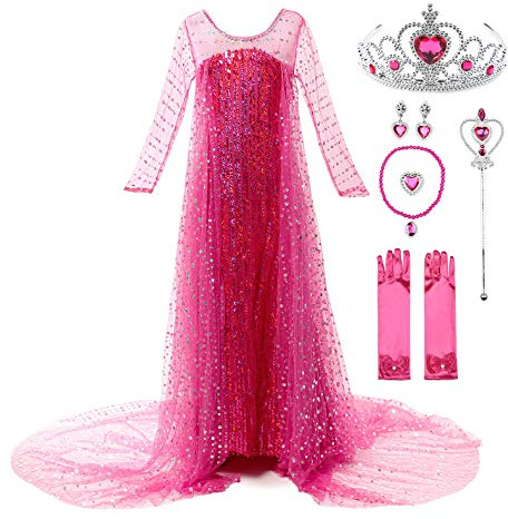 JerrisApparel Robe Costume Petites Filles Princesse Elsa Déguisement (150, Rose avec Accessoires)