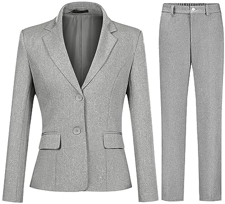 YYNUDA Women's 2 Piece Suit Casual Work Office Blazer Trouser Two Button Formal Jacket Suits, Grey, M
