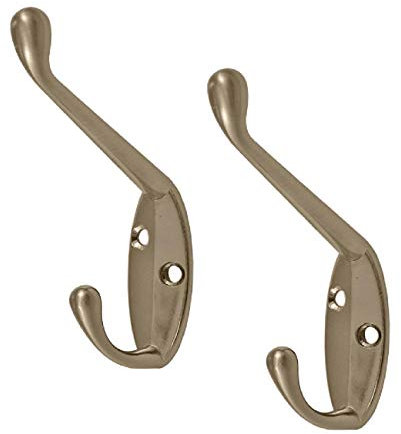 H-Smart 4 x Satin Nickel Metal Double Hat and Coat Hooks, Door & Wall Robe Dress Hangers Strong Metal Coat Hooks, Screw in Modern Coat Hooks Wall Mounted, Heavy Duty Door Hooks for Bathroom Bedrooms